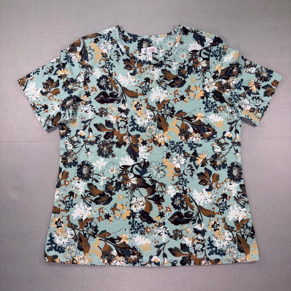 Denim & Co Floral Short Sleeve Top Teal Brown White Cotton Spandex Womens M